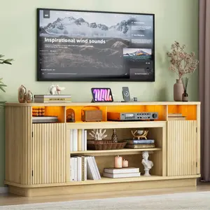 70" Fluted TV Stand for TVs Up to 80 inch Modern Entertainment Center Wood Media Console w/Power Outlets and LED Lights, Adjustable Shelves for Living Room,Black/Green/Natural