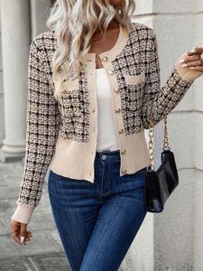 women's plaid button front round neck longsleeves cardigan sweater, colorblock long sleeve elegant commuter cardigan for autumn winter, ladies fashion knitwear