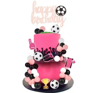 1Set Soccer Birthday Cake Decorations for Girls  Glitter Pink Happy Birthday Cake Topper Football Theme Cupcake Toppers Ball Dessert Picks Sports Theme Birthday Party Photo Props