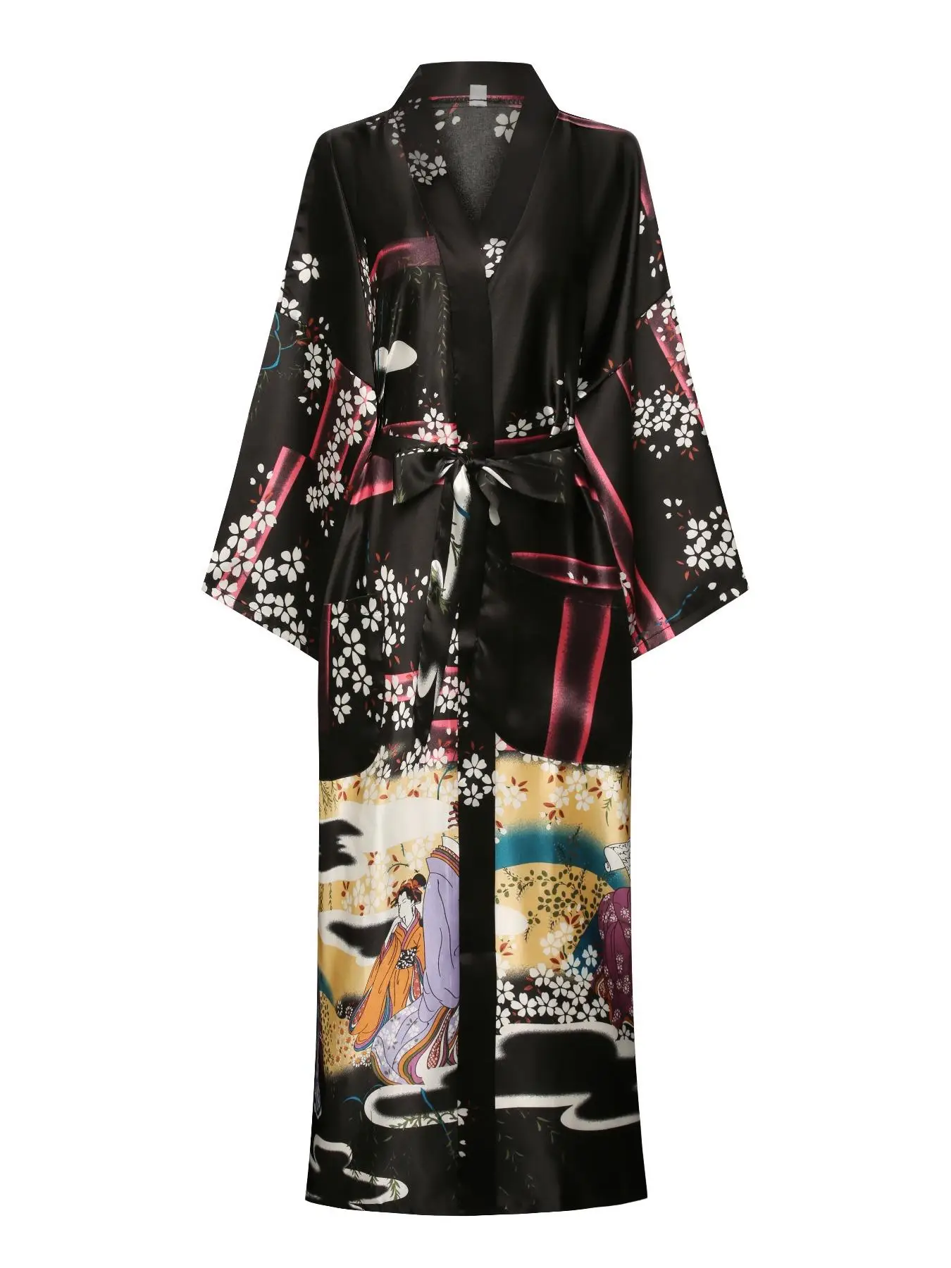 Women's Floral & Figure Print Belted Satin Robe, Casual Long Sleeve V Neck Pocket Design Robe, Ladies Sleepwear for All Seasons