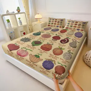 One Piece Devil Fruit Fitted Sheet Set, Bed Sheets, Include One Mattress Cover and 1/2 Pillowcases, Anime Cartoon Style Bedroom Bedcap Decor, Soft Skin-Friendly, Youth Adult Use, Perfect Gift for One Piece Fans