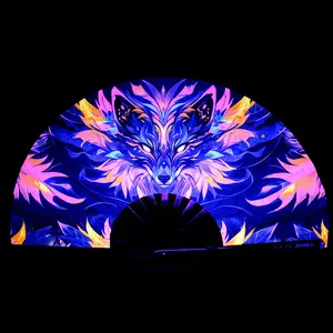 Spirit of the Fox UV-Reactive Hand Fan | Foldable Bamboo Ribs | Premium Polyester Fabric | Matching Holster | Rave Fan | Festival Fan Accessory Lightweight Decor Cooling Wooden Light Accessory Decor Steel