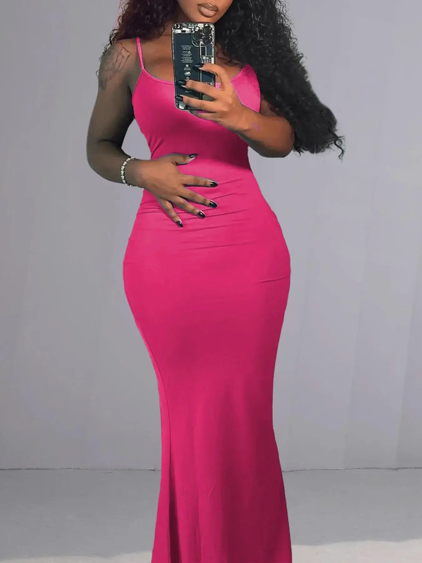 Women's Mermaid Hem Maxi Cami Dress, Solid Sleeveless Spaghetti Strap Long Bodycon Dress for Summer Party Holiday, Ladies Clothes