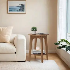 Small Round End Table with Lower Shelf, 2-Tier Nightstand for Small Spaces, Living Room & Bedroom, Natural Beige