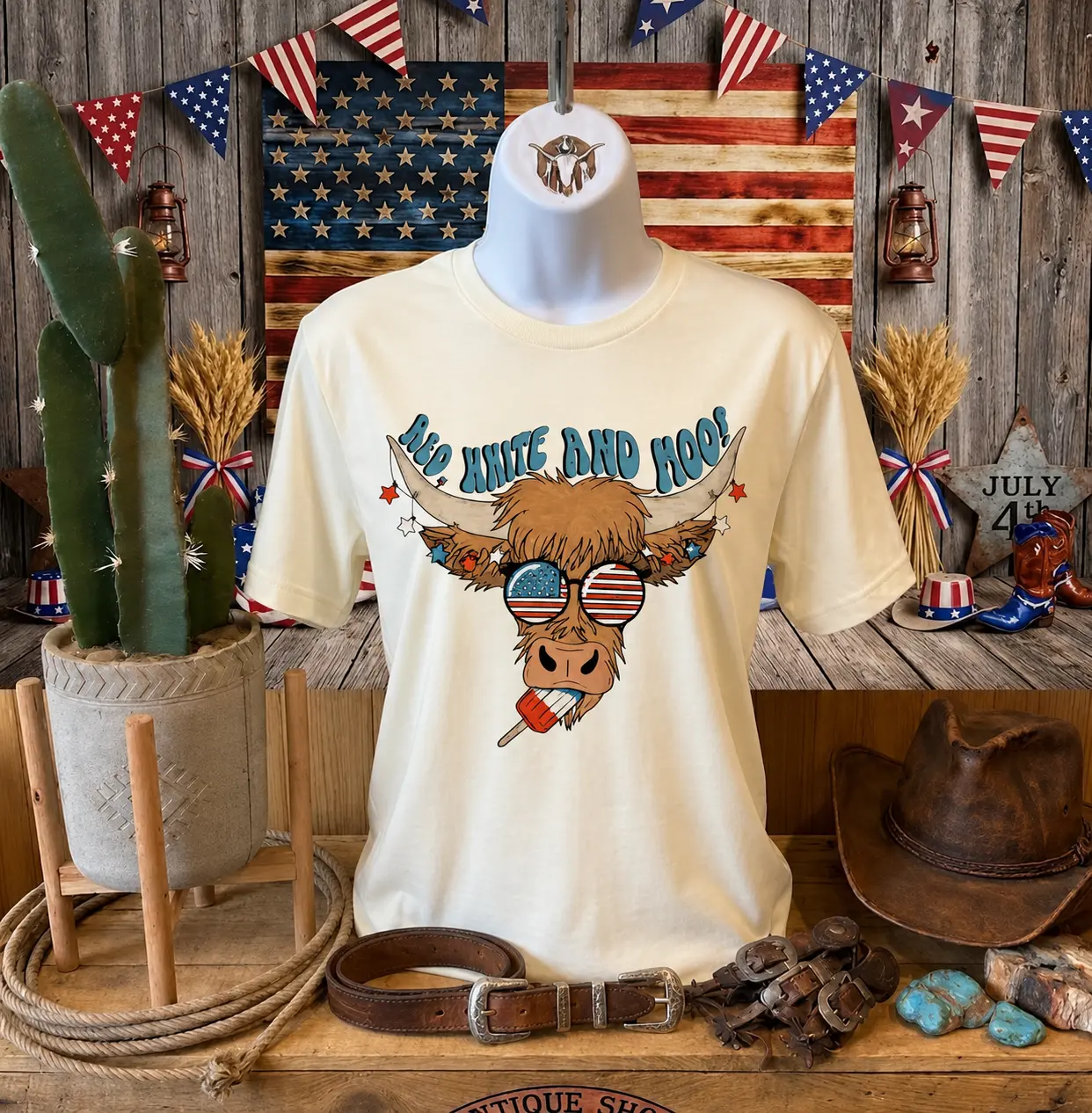 Red White Moo Highland, Comfort colors tee, 4th of July Western Style, cowboy stuff, western graphic tees, Women's clothes, country girl shirt, independence day, Unisex T-shirt