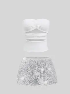 Women's Sexy Strapless Sequined Shorts Set, Fashion Trendy Summer, Casual & Party Wear, Comfortable & Stylish Design