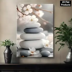 1 Piece Zen Japanese Minimalist Style Stone Cherry Blossom Canvas Wall| Wooden Frame Modern Abstract Print, Ready-to-Hang Serene Nature Painting, Suitable for Living Room, Bedroom, Bathroom, Cafe Decoration - Calming Home Decor Gift, Suitable for