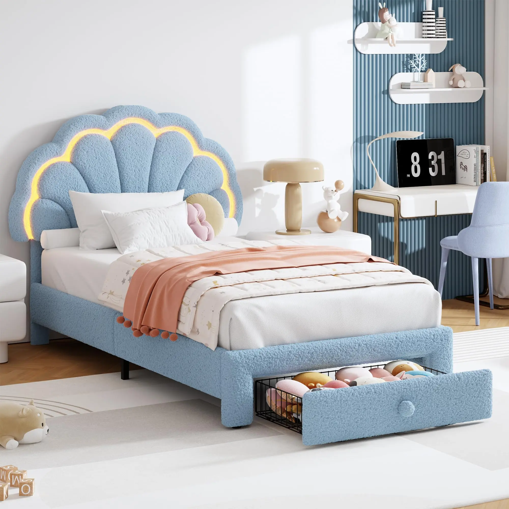 Garvee Twin Upholstered LED Bed Frame with Storage Drawer, Adjustable Chic Headboard, Berber Fleece Princess Platform, Solid Wood Support, No Box Spring Needed, Easy Assembly, Blue