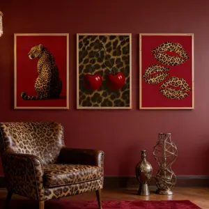 3-Piece Optional Wooden Frame Retro 2D Flat Leopard Print Cherry Red Fashion Art Canvas Waterproof Coating Micro-spray Moisture-proof High Saturation Living Room Bedroom Wall Decor