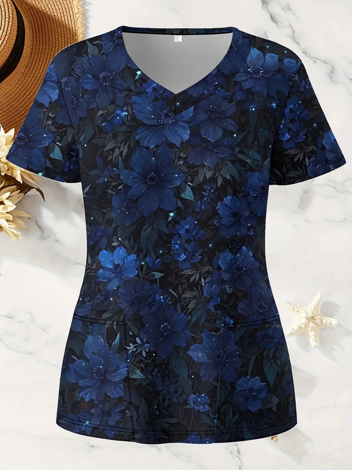 Women's V-Neck Frosted Top, Printed Short Sleeve with Dual Pockets - Comfortable and Practical Healthcare Uniform in Blue Magnolia Design, Functional Workwear | Floral Print Top | Durable, Women's Fashion