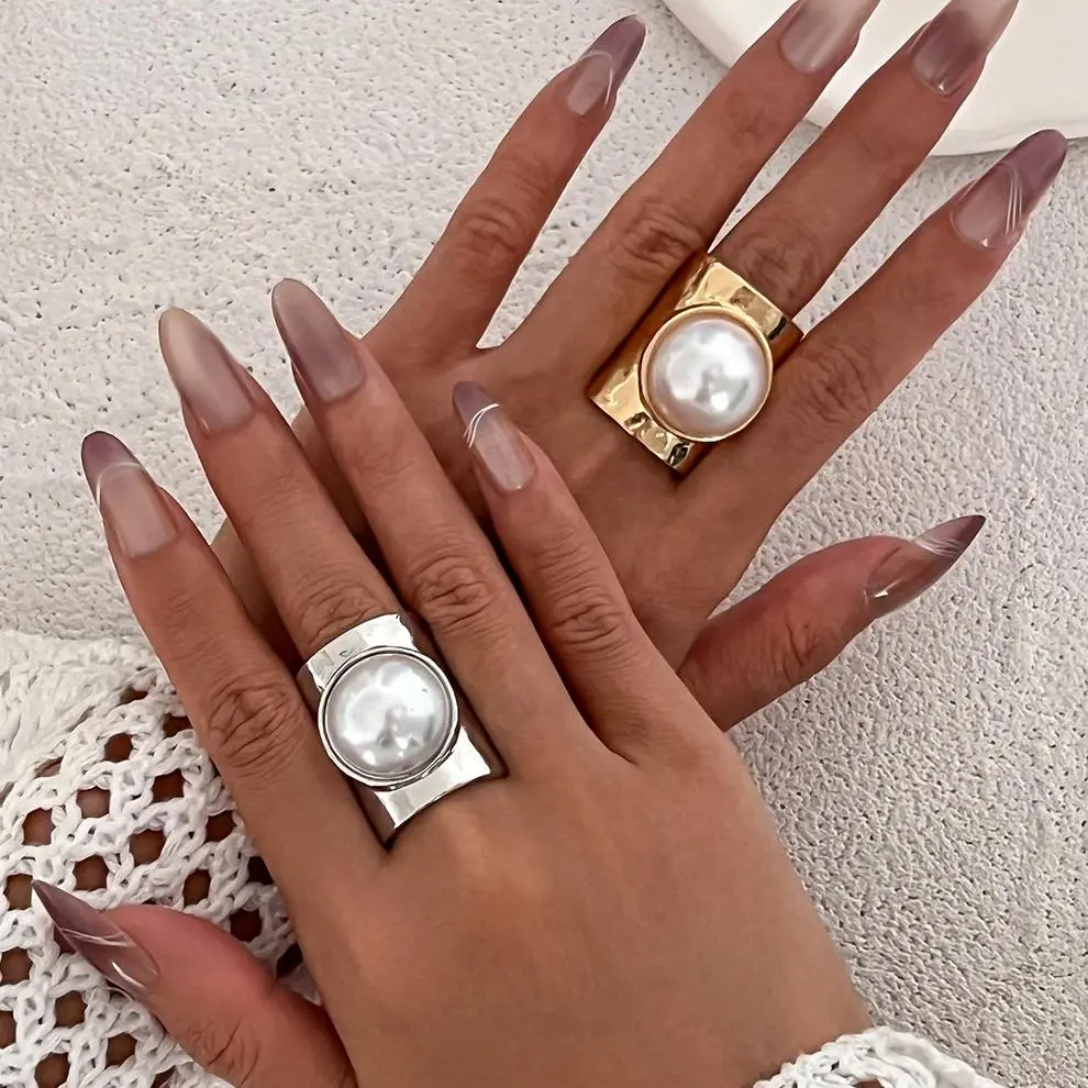 Ingemark Unisex Punk Look Alloy Metal Rings - Exaggerated Irregular Wide Open Adjustable Geometric Shape Finger Jewelry with Imitation Pearls, Adjustable Size, Wide Open Ring