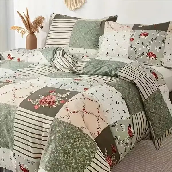 3 Piece Floral Duvet Cover Set Kids Patchwork Flower Plaid Bedding Set Lightweight All Season Comforter Cover with Zipper and 2 Pillowcases
