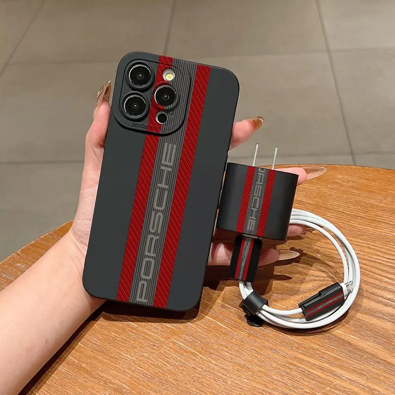 5-Piece Set Cool Racing Car Porsche Phone Case, Charging Head Cover, Data Line Protector, Storage Rope, Shockproof for iPhone 15/16 Series