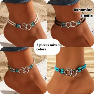 Set of 2 Bohemian Beaded Anklets for Women, Sparkling Multicolor Hollow Double Heart Seed Bead Anklets, Adjustable Elastic Cord Vintage Stylish Foot Jewelry for Parties, Gifts, And Everyday Use
