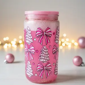 Aesthetic Christmas Bow Tumbler - Pink Glitter Design with Festive Tree and Bow Patterns for Holiday Beverages
