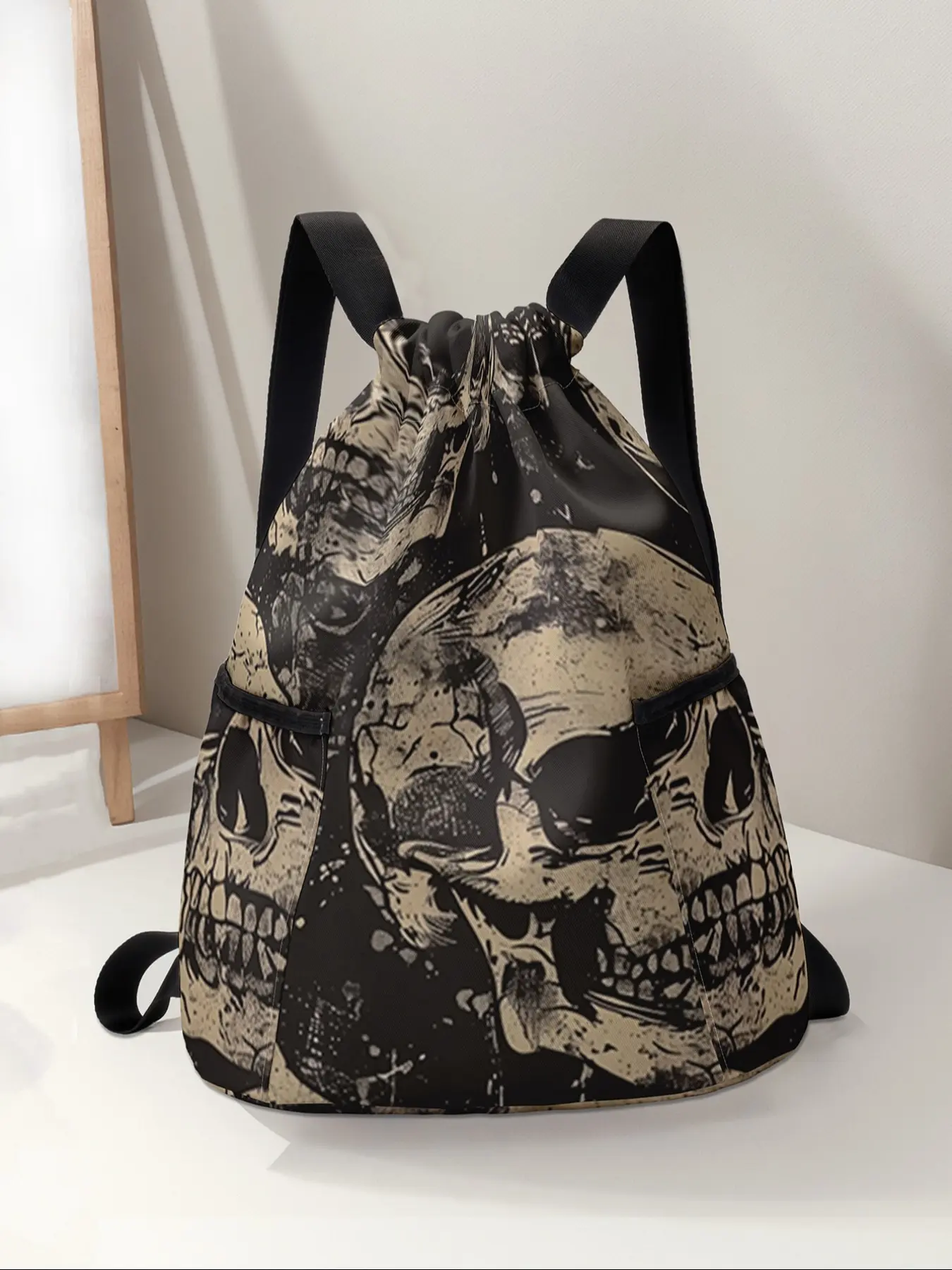 Skull Print Drawstring Backpack, Large Capacity Durable Gym Bag, Adjustable Shoulder Straps, Casual Sports Beach Bag for Men & Women, Sports Fitness Bag, Workout Bag, Workout Sport Bags