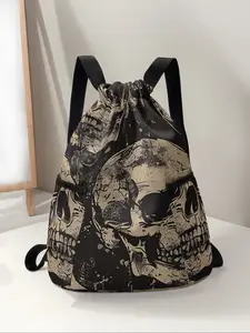 Skull Print Drawstring Backpack, Large Capacity Durable Gym Bag, Adjustable Shoulder Straps, Casual Sports Beach Bag for Men & Women, Sports Fitness Bag, Workout Bag, Workout Sport Bags