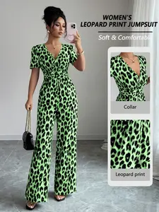 Women's Summer Leopard Print Romper Overalls, V Neck Short Sleeve High Waist Wide Leg, Casual Vacation, Trendy Chic Women's Clothing Set Womenswear