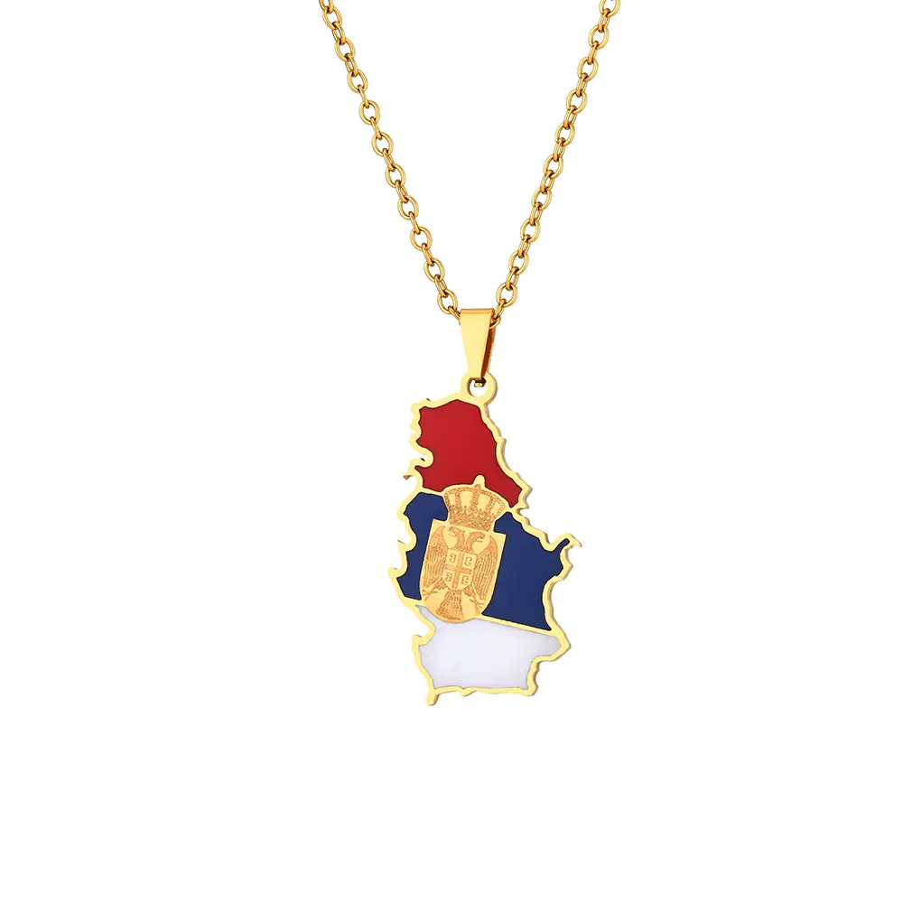 Stainless Steel Serbian Eagle Map and Flag Necklace Couple Famous Style Popular Drip Titanium Steel Jewelry