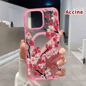 Cherry Blossom Grace Pattern Magnetic Phone Case for iPhone 15 16 14 Pro Max 13 12 11 XR XS Plus E Clear Crystal Drop-proof Slim Silicone Shockproof Transparent Protective Cover Supports Wireless Charging