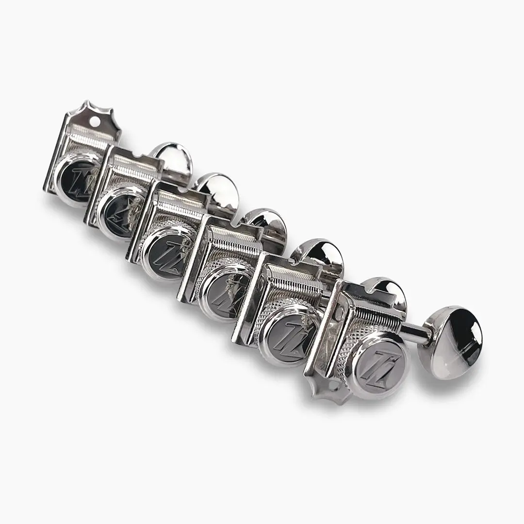 Allparts Top Lock Vintage Locking 6-in-line Locking Tuning Keys with Press-Fit Bushings, Staggered Posts and Metal Oval Buttons - (set of 6)