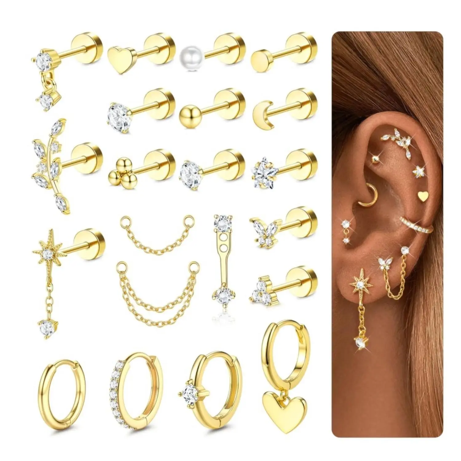 ORAZIO 21Pcs Helix Piercing Jewelry 16G Hypoallergenic Flat Back Earrings Helix Hoops Tragus Studs Cartilage Earrings for Women