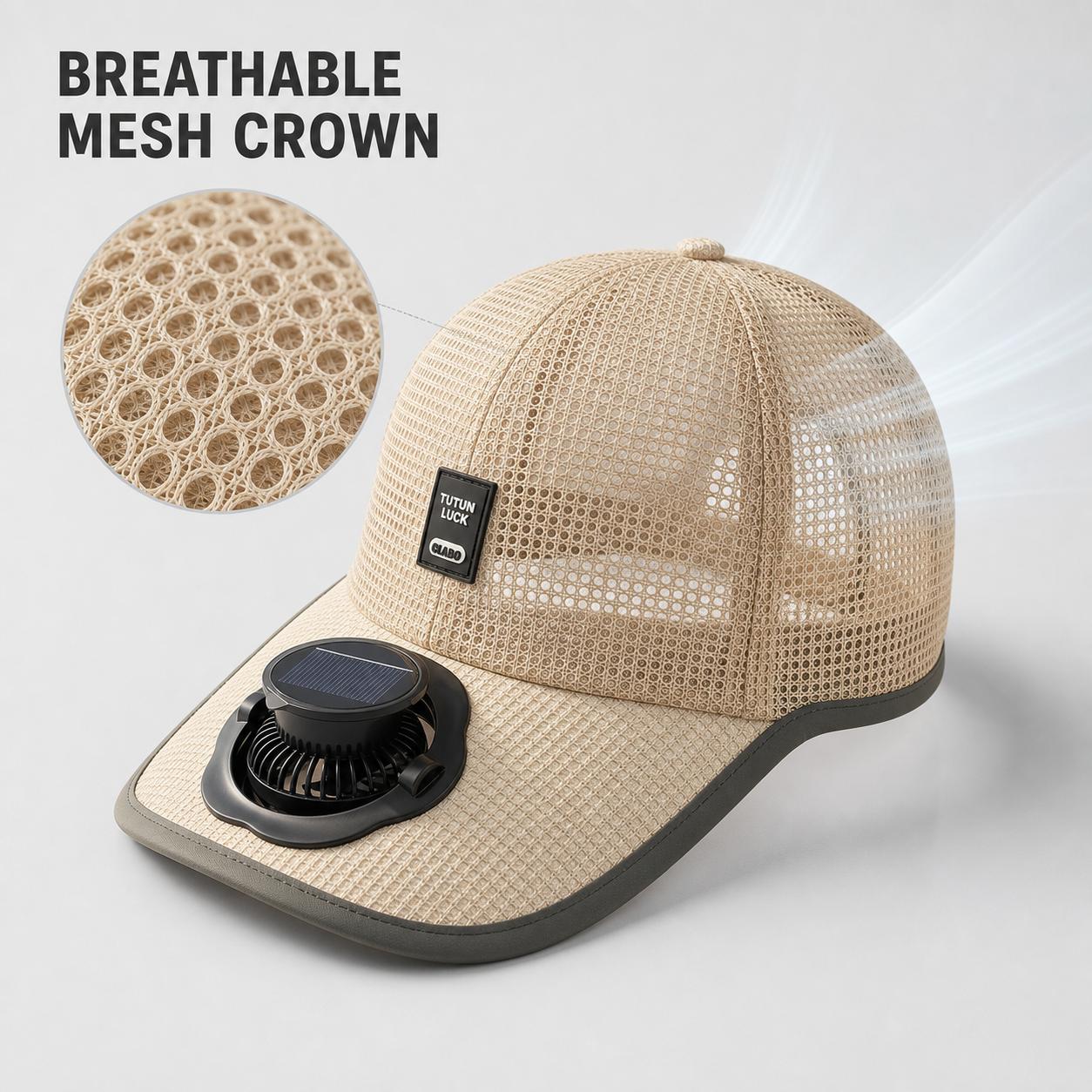 Beige Mesh Baseball Cap with Solar Charging Brim Fan, Outdoor Hat for Fishing, Gardening, Walking and Travel Beige Mesh Baseball Cap with Solar Charging Brim Fan, Outdoor Hat for Fishing, Gardening, Walking and Travel