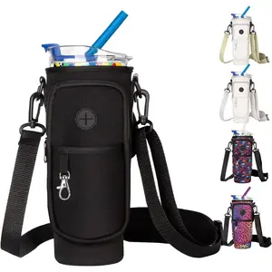 Water Bottle Carrier Bag with Strap fits Cup 40oz, Neoprene Water Bottle Holder Cross-boday Bag with Adjustable Shoulder Strap & Handheld Strap for Stanley Cup Accessories