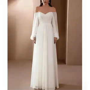 Off-Shoulder Wedding Party Long Sleeve Dress Solid Color Chiffon Maxi Dress Womenswear Comfort summer outfits