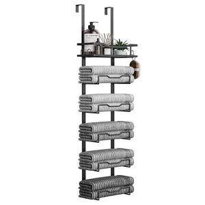 NO DRILL! 6-Tier Over Door Towel Rack with Storage Basket  Perfect for Small Bathrooms + RVs! Black Metal Organizer for Rolled Towels