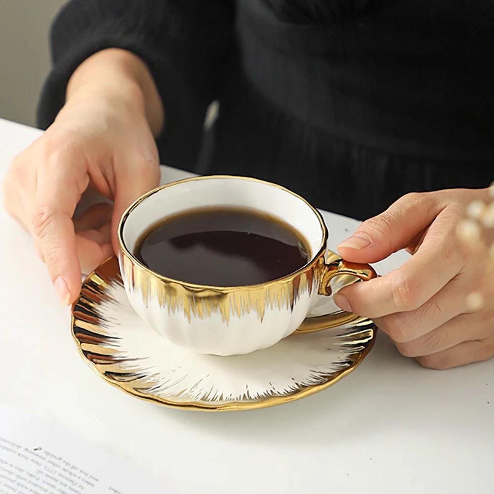 LETAOTAO 7 oz Porcelain Double Espresso Gold Trim Turkish Coffee Cups 6 Cafe  Saucers Tea Cups Saucers