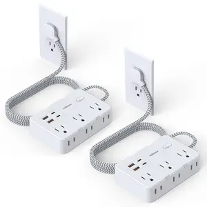 Dual-Pack Flat Plug Surge Protector Multifunctional Power Strip with USB-C Port, 6 Outlets, 4 USB Ports (2 USB-C), 5ft Braided Cable, Ideal for Travel Office Dormitory