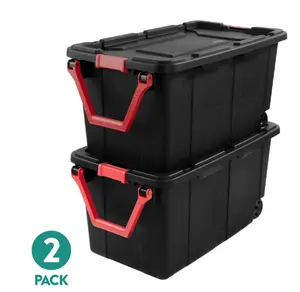 Sterilite Extra-Large Wheeled Industrial Storage Bin, 40 Gallon Durable Plastic Storage Tote with Latching Lid and Pull Handle, Black, 2 Pack
