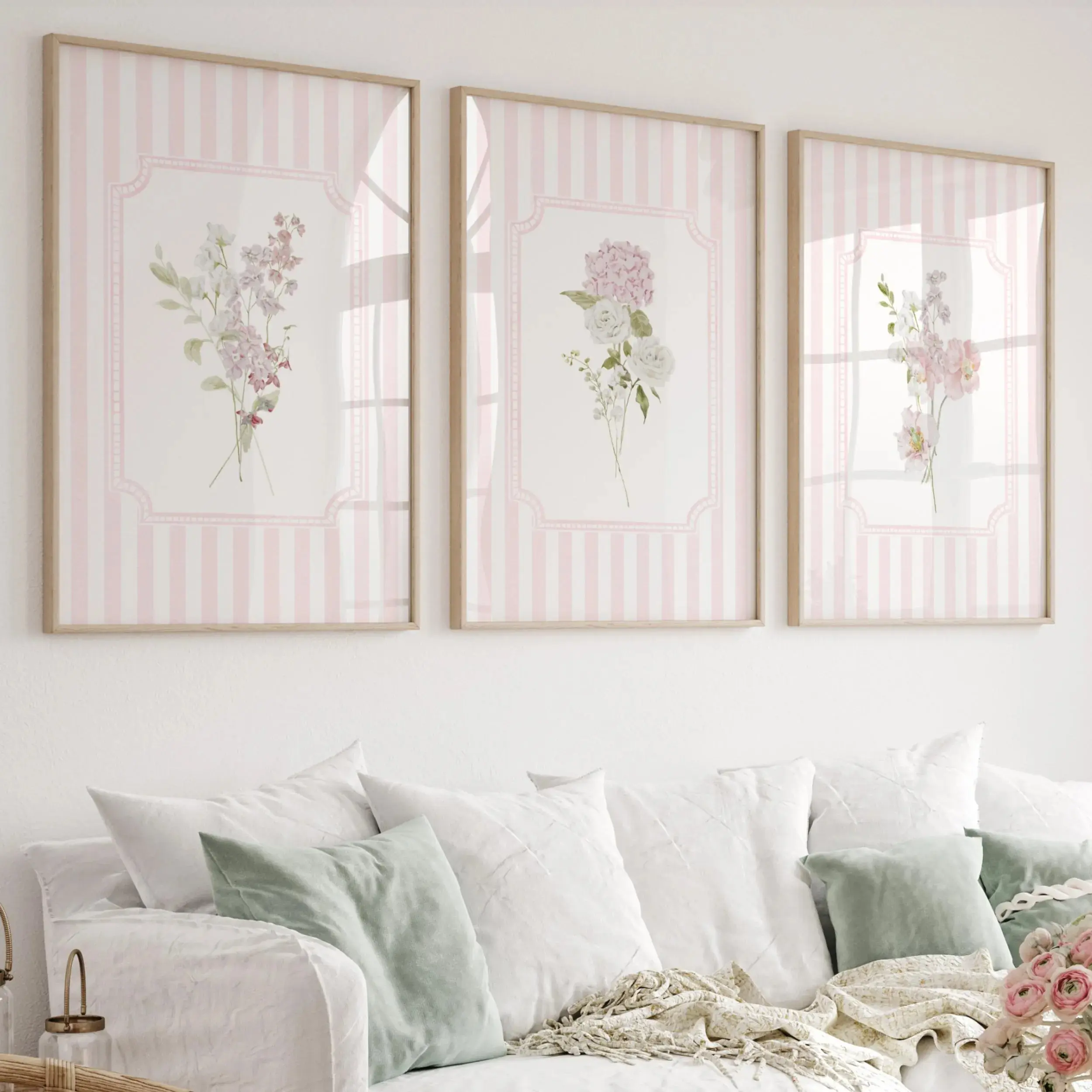 Pink Hydrangea Floral Poster Unframed Set of 3: Cottagecore Nursery Decor