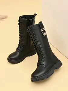 Girls' High Top Boots with Metal Buckles, Side Zipper Thick Sole, Anti-Slip Casual Shoes for All Seasons, Perfect for Daily Use