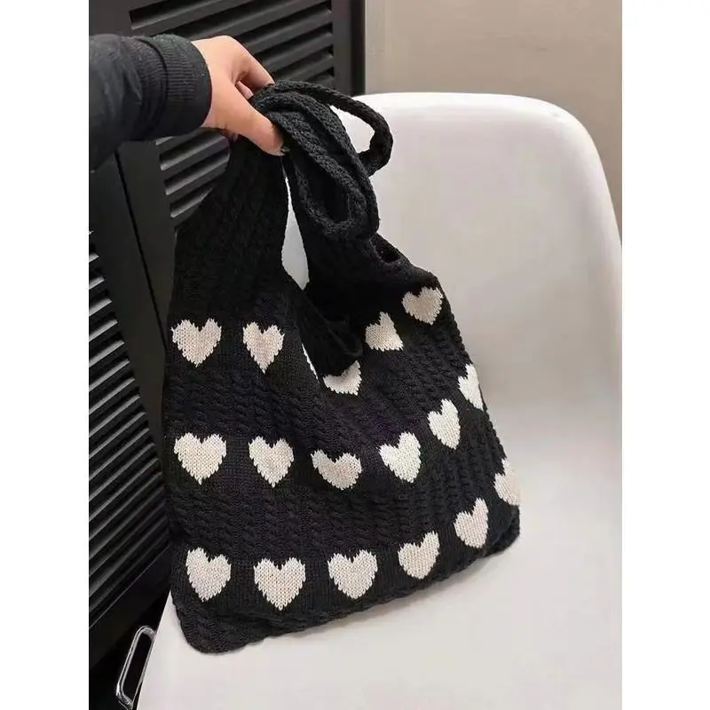 Crochet Tote Bags for Women - Cute Heart Shaped Knit Shoulder Bag Cutecore Accessories Aesthetic Handbag Beach Hobo Bag