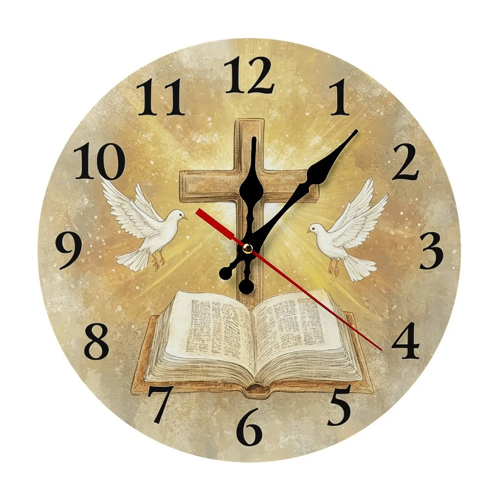 10-12 in Round Silent Wall Clock - Wall-Mounted Christian Cross Bible Dove Wooden Clock, Non-Ticking Religious Home Decor, No Battery Included, Ideal for Home, Church, Silent Wall Clocks