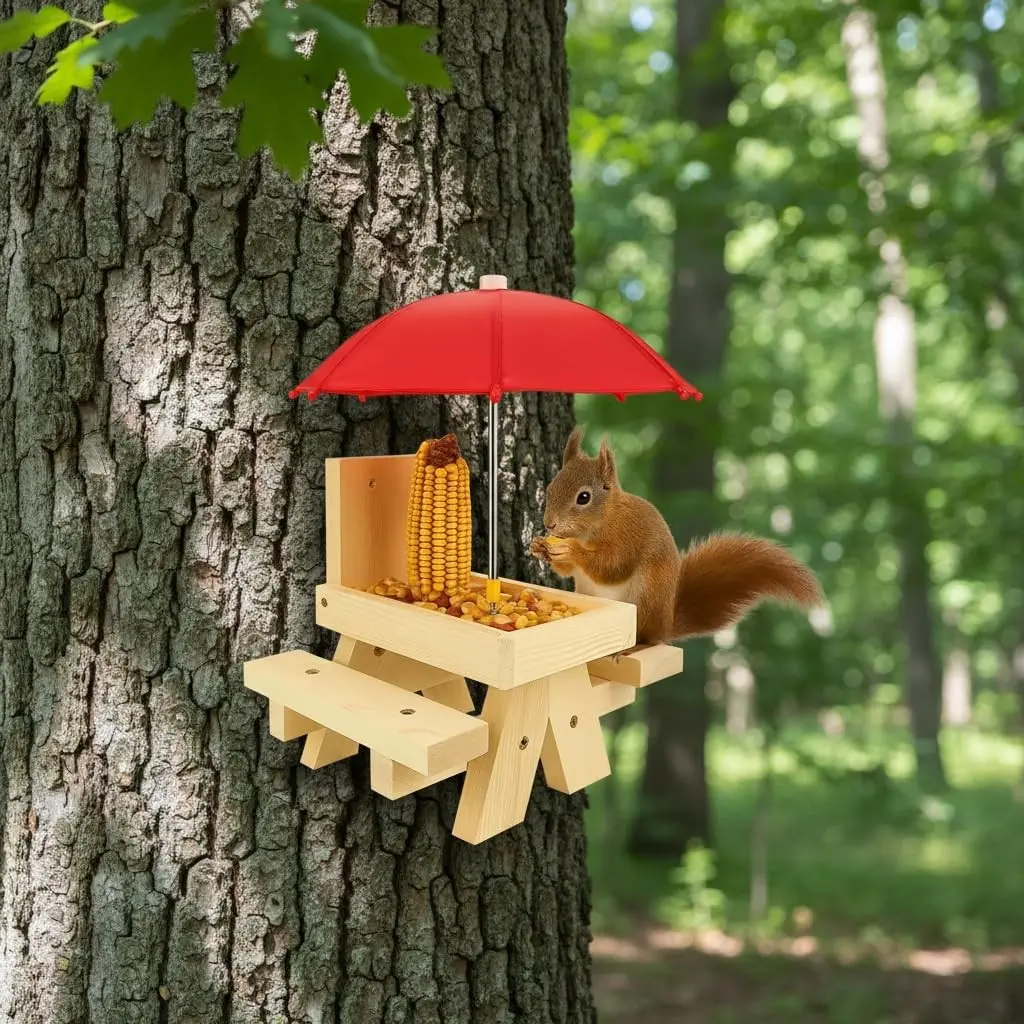 Ultimate Squirrel Feeder Picnic Table with Tall Umbrella, Wooden Squirrel Feeders for Outside, Cute Chipmunk Feeder with Corn Cob Holder, Solid Structure, Thick Wood (Red Umbrella)