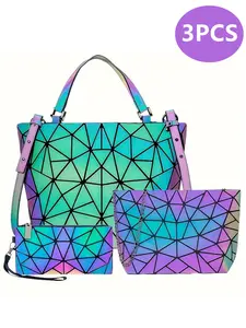Women's Reflective Geometric Holographic Handbag Set, Fashionable Rhinestone Patchwork Tote Chain Shoulder Bag + Detachable Wallet, Elegant All-Season Accessory