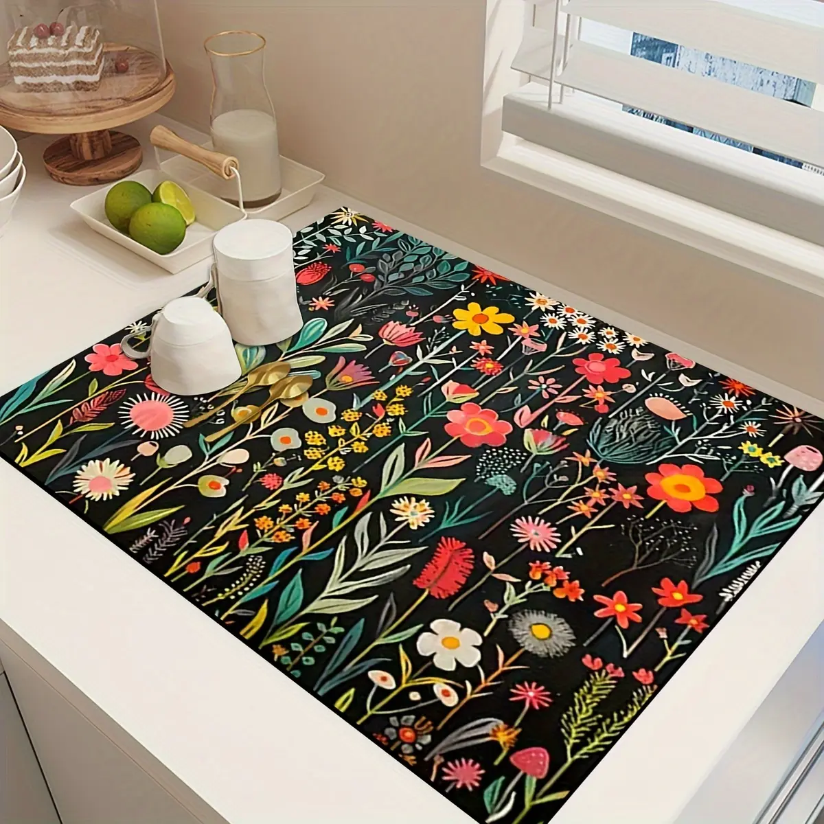 1pc, Floral Print Placemat Coffee Machine Heat Insulation Pad Home Bathroom Sink Absorbent Non-Slip Hot Cup Mat, Dishwasher Protection Pad, Countertop Absorbent Mat, Sink Drainage Mat, Soft Faucet Absorbent Pad, Kitchen Supplies, Bathroom Supplies