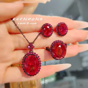 Dark-toned pigeon blood red ruby set, unique black gold ring, feminine pendant necklace, colored gemstone earrings