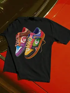 Men's Loose Fit Fashion Print Long T-Shirt Crewneck, Fun Colorful Sneaker Pattern, Casual Daily Wear, Unisex, Young College Street Style, Streetwear