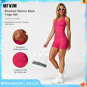 MFVIM Women's Sportswear Tank Top & High Waisted Hip Lifting Shorts Set - Brushed Skinny Back Yoga Set in Pink - Breathable & Skin-friendly Fabric Workout Summer Clothes Sporty Style Clothes