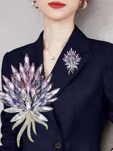 French Style Crystal Wheat Sheaf Brooch - Elegant Blue Rose Rhinestone Pin, Luxury Dress Corsage, Evening Gown Lapel Clip, Bling Bridal Wedding Accessory, Flower Brooch Pin