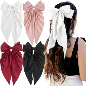 4 Pack Satin Hair Bow Clips – Large 13 Inch Long Tail Bowknot Barrettes with Metal Clips for Women, 90's Style Hair Accessories