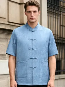 New Traditional Tang Costume Short Sleeve Shirt, Casual Mandarin Collar Button Blouse, Lightweight Comfortable Fabric for Summer