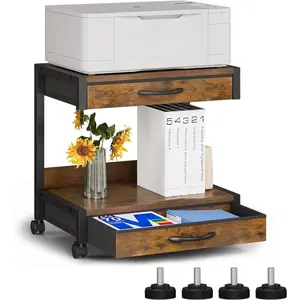 2-Tier Desktop Printer Stand with 2 Fabric Drawers, Prtiner Table with Storage Shelf, Desk Organizer for  Office, Printer,Fax Machine,Scanner (Brown, 2 Tier)