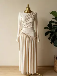 2026 New Fashion Classic Round Neck Long Sleeve Ruffle Pleated Maxi Dress for Women Elegant Romantic Casual All Seasons Fit with Excellent Waist-Hip Ratio Comfortable and Stylish Holiday and Daily Wear dresses