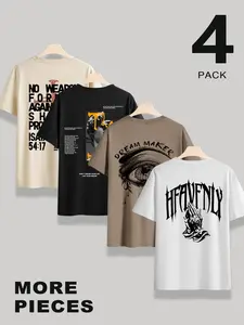 Men's Versatile Letter Art Graphic Print T-Shirt Set, Summer Round Neck Short Sleeve, Fitted Casual Comfortable Top for Outdoor Wear