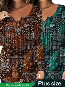 Women's Two-Piece Set, Elegant Loose-Fit V-Neck Buttoned Top, Paisley Pattern, Large Size, Fall & Winter Fashion